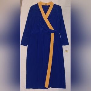 NWT Kasper Women's Colorblock Faux-Wrap Midi Dress, royal blue & gold Size M